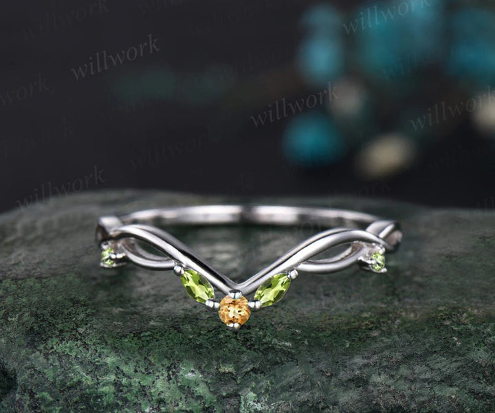 Oval yellow citrine ring three stone Trilliant peridot ring white gold unique engagement ring matching twisted bridal wedding ring set women