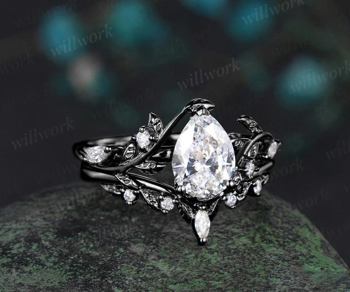 Nature Inspired Pear Moissanite Twig Leaf Bridal Ring Set & Men Tungsten Wedding Band Romantic Couple Jewelry Set