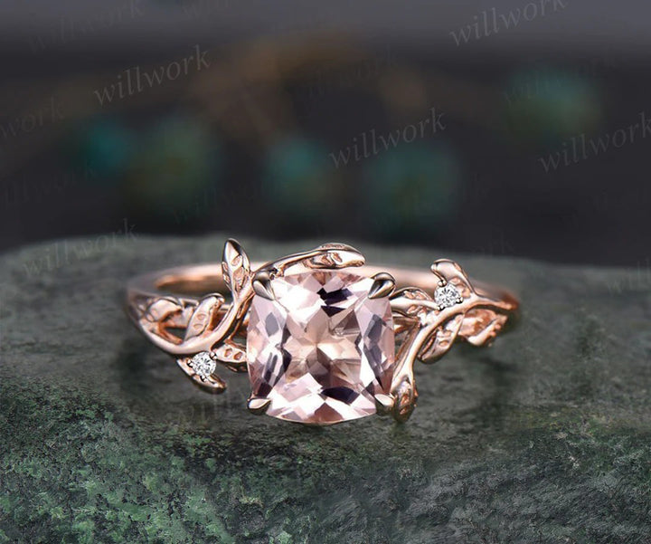 Twig cushion cut morganite engagement ring set leaf branch rose gold three stone diamond ring unique nature inspired wedding ring for women