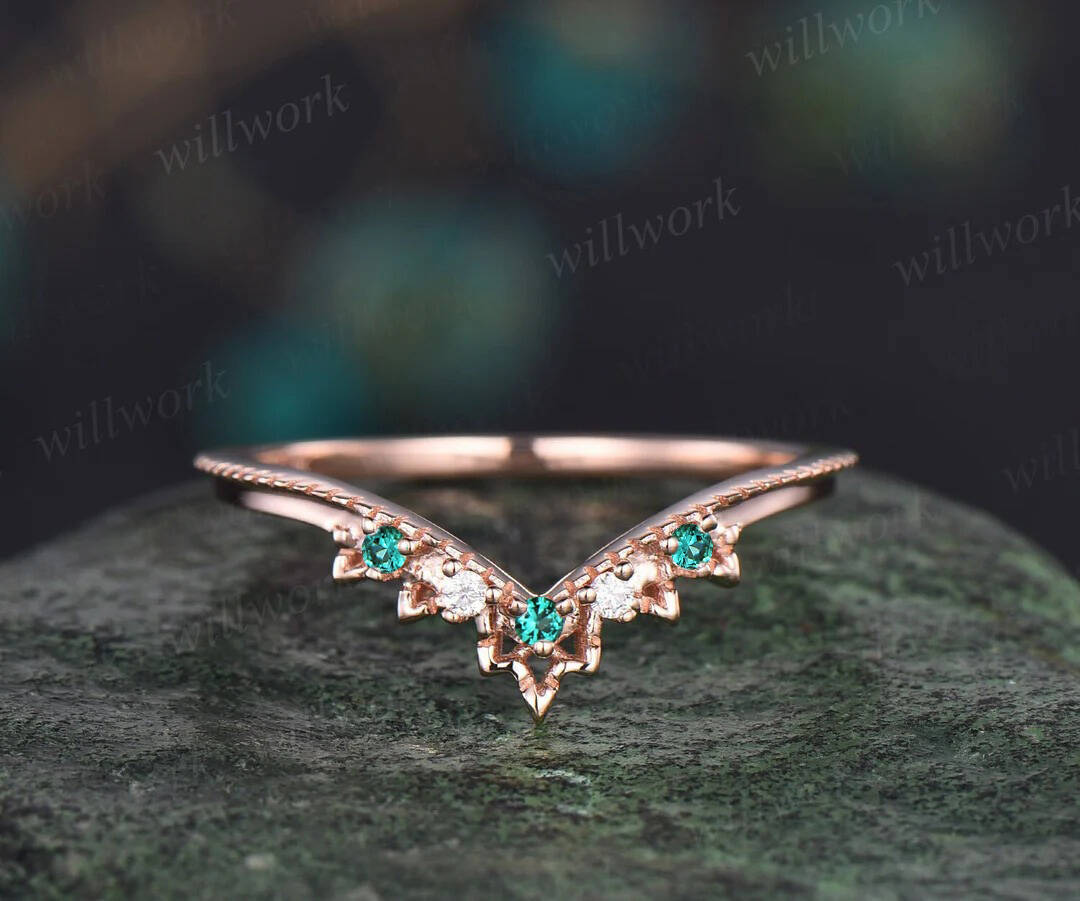 Vintage hexagon cut green moss agate engagement ring set 14k rose gold art deco diamond ring women emerald unique bridal wedding ring set