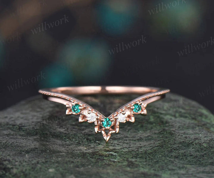Vintage hexagon cut green moss agate engagement ring set 14k rose gold art deco diamond ring women emerald unique bridal wedding ring set