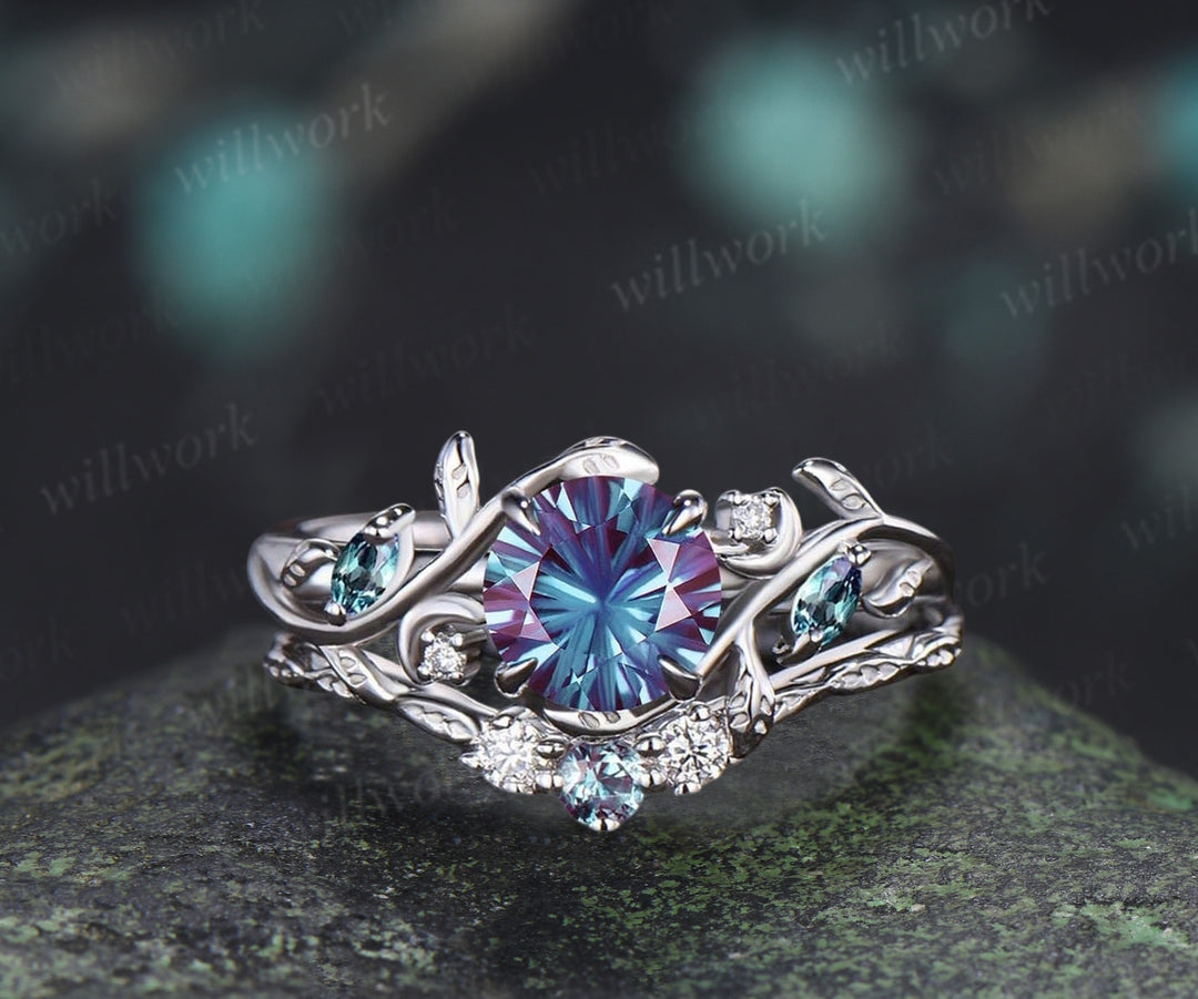 1CT Fireworks Cut Alexanrite Ring Set Leaf Vine Art Dece Moon Promise Ring Diamond Alexandrite Wedding Band Vintage Bridal Set