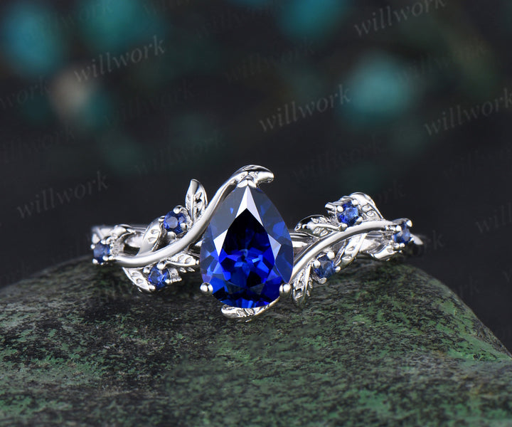 Vintage pear cut sapphire engagement ring nature inspired twig leaf 7 stone September birthstone wedding bridal ring women gift