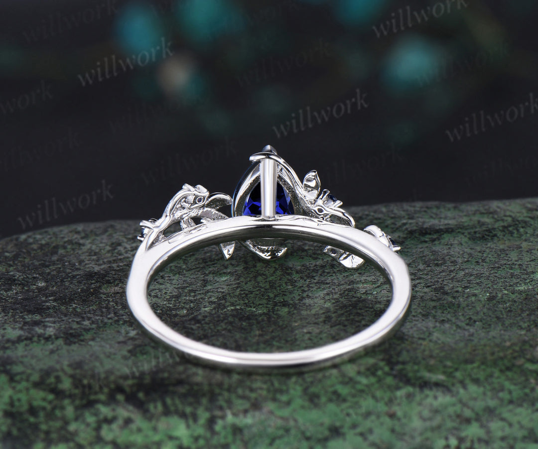 Vintage pear cut sapphire engagement ring nature inspired twig leaf 7 stone September birthstone wedding bridal ring women gift