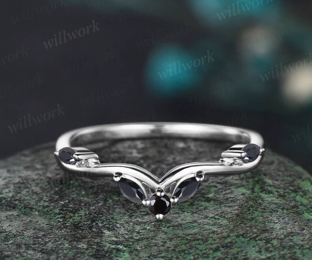 Unique black Onyx engagement ring set vintage pear black onyx leaf ring art deco black spinel wedding band bridal set gifts for women