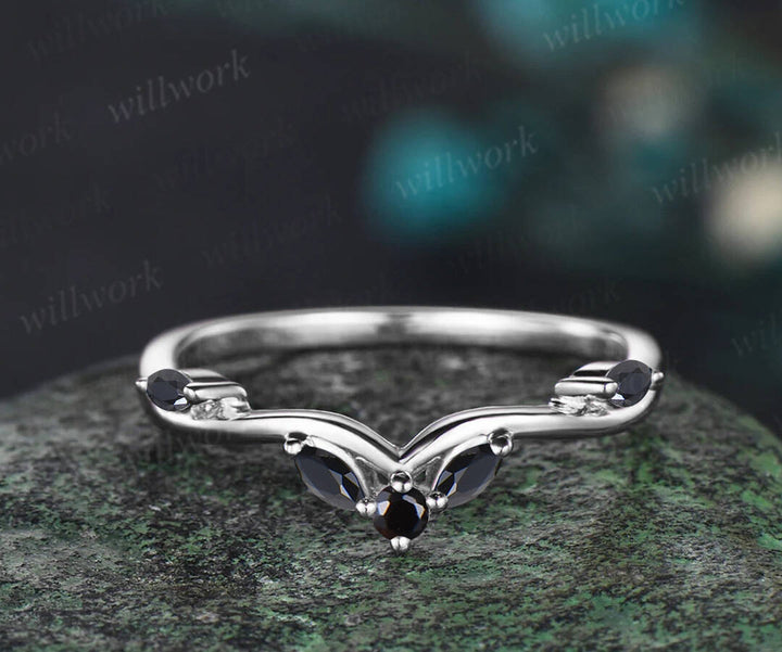 Unique black Onyx engagement ring set vintage pear black onyx leaf ring art deco black spinel wedding band bridal set gifts for women