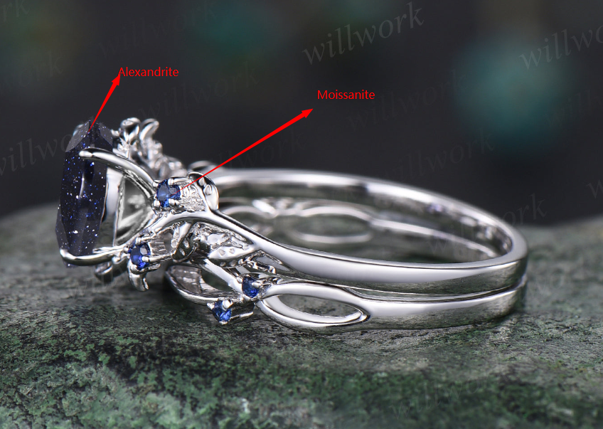 Alexandrite Engagement Ring Set(Alexandrite main stone-moissanite accent stone-ring size 13-14k white gold)