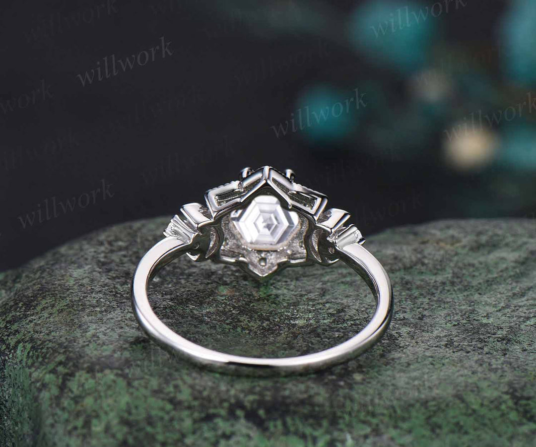 Vintage Hexagon moissanite engagement ring Unique 14K white Gold Floral moissanite Halo Wedding Promise Ring moissanite Anniversary Ring