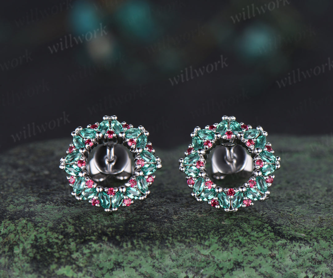 Marquise Emerald Moissanite Wreath Earrings Stud Ruby Earrings Christmas Gift For Her