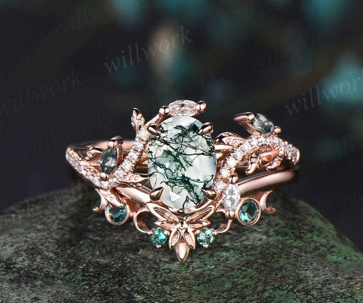 Unique Oval natural moss agate Engagement Ring Set emerald Moon Leaf Nature Inspired Ring Art Deco 2pcs wedding Ring Set Women