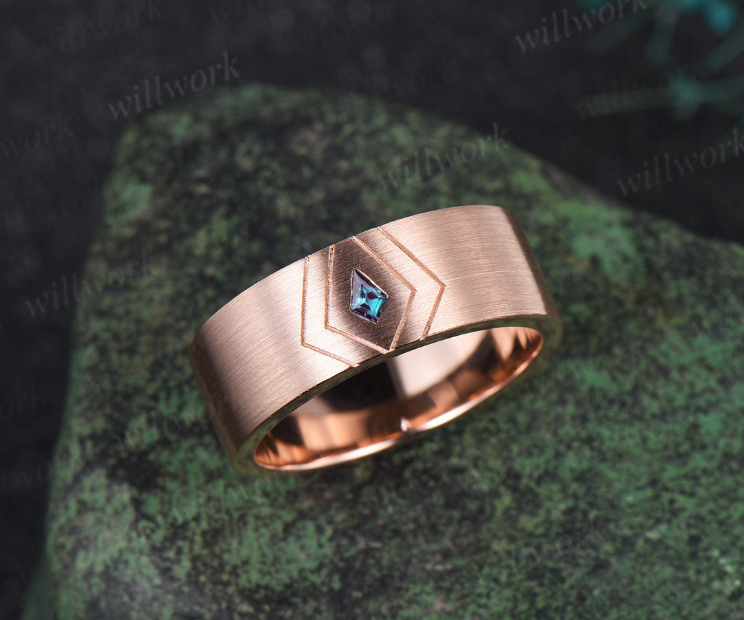 Kite Cut Alexandrite Men Wedding Band 14K Rose Gold 8mm Men Engagement Ring Brushed Finished Band Mens Stacking Band Fiancé Promise Ring