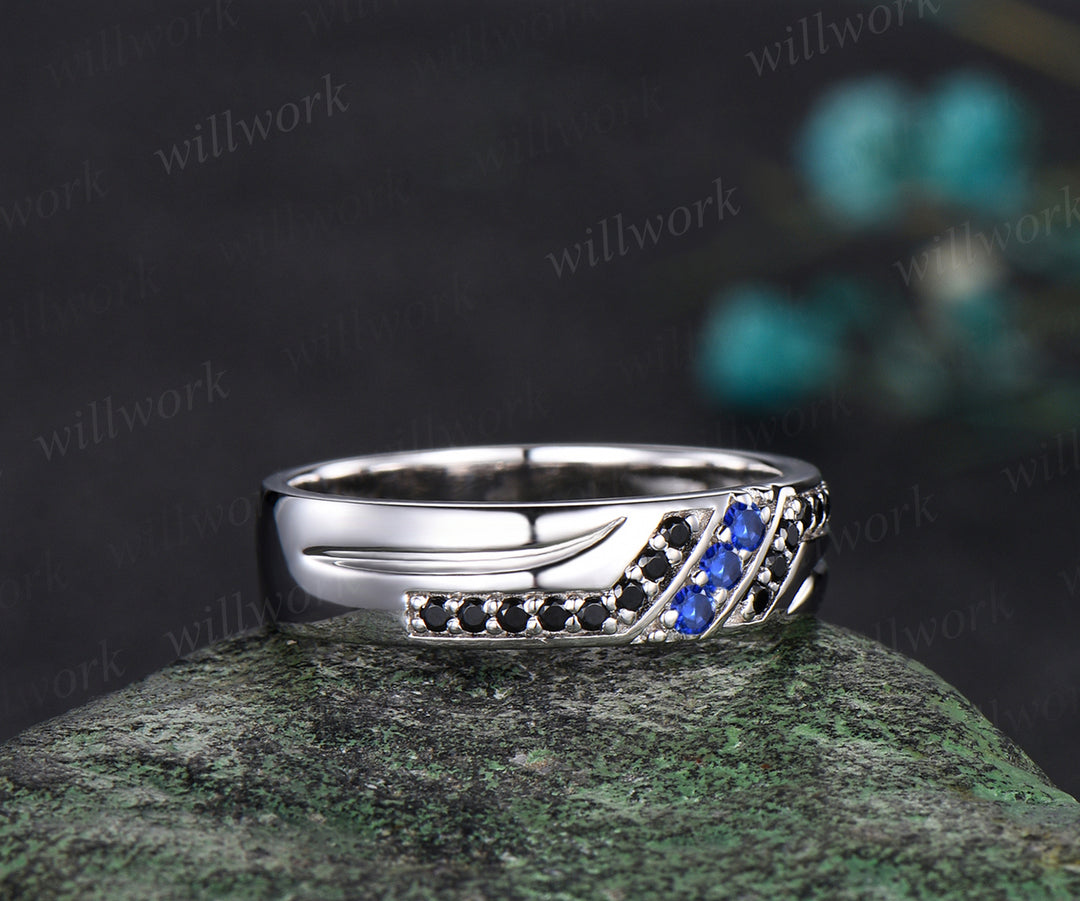 Unique Mens Blue Sapphire Wedding Band Round Cut Band 5mm Solid Gold Ring Mens Black Onyx Handsome Man Rings Matching Band Ring Gift
