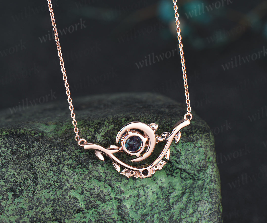 Unique Gothic Pendant Necklace Night Moon Bat Alexandrite rose gold Magic Crescent Moon Leaf Branch Necklace Halloween Anniversary gift Women