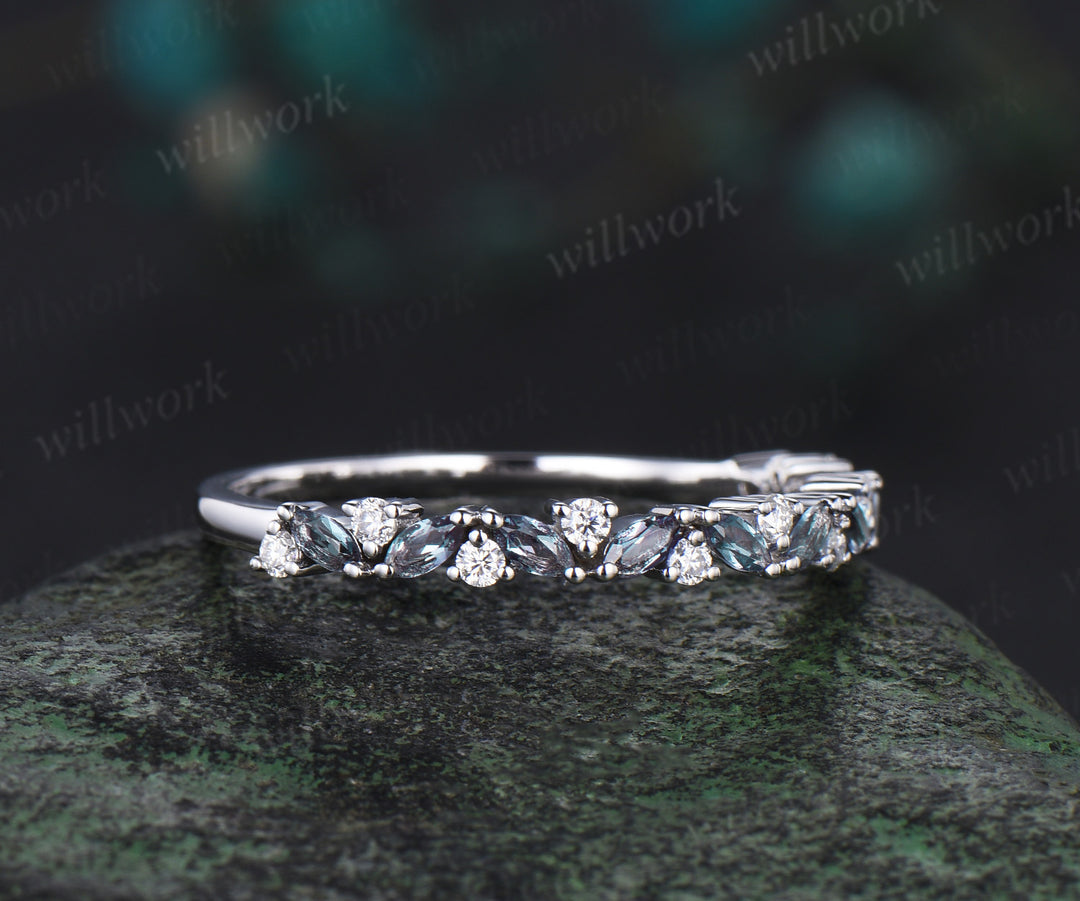 Marquise alexandrite ring for women vintage solid 14k white gold half eternity moissanite ring dainty wedding band bridal jewelry gifts