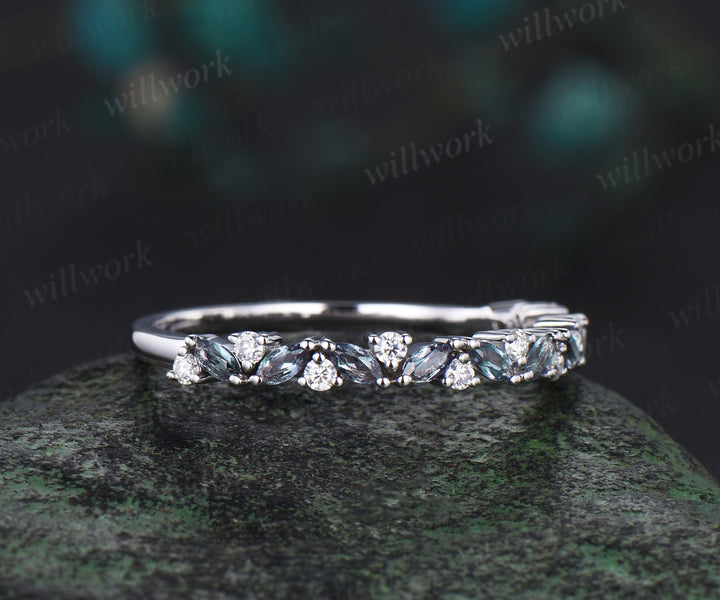 Marquise alexandrite ring for women vintage solid 14k white gold half eternity moissanite ring dainty wedding band bridal jewelry gifts