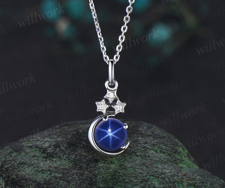 Vintage round blue star sapphire necklace white gold star moon unique diamond pendant women September birthstone anniversary gift