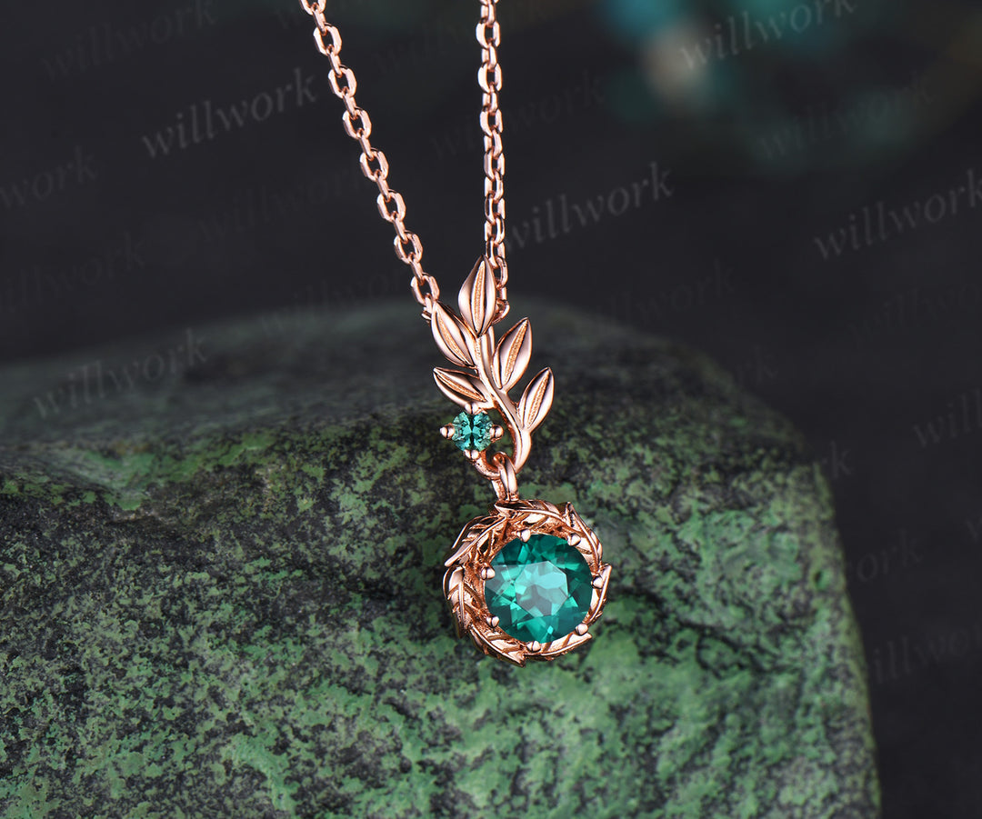 Rose Gold Leaf Necklace Nature Inspired Round Emerald Pendant Olive Leaf Branch Bridal Necklace May Birthstone Necklace Promise Gift for Her