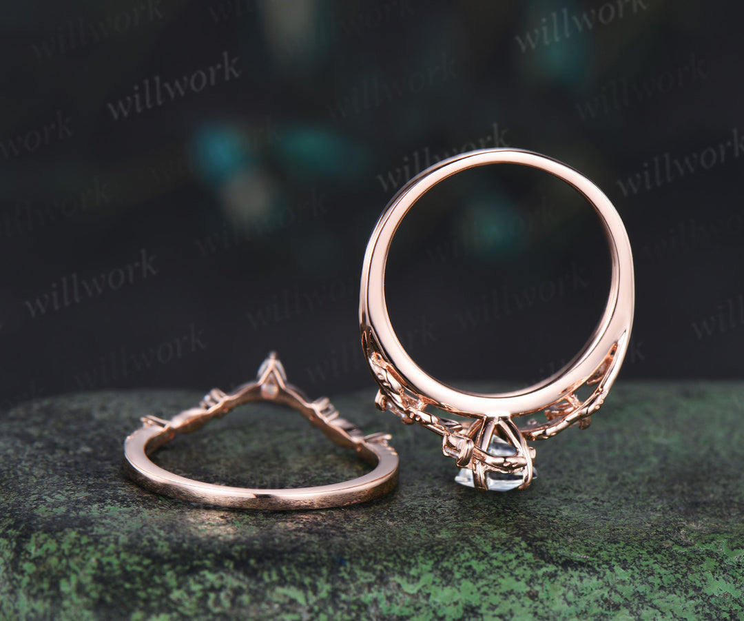 Vintage kite cut moissanite engagement ring 14k rose gold leaf nature inspired ring women unique cluster diamond promise wedding ring set