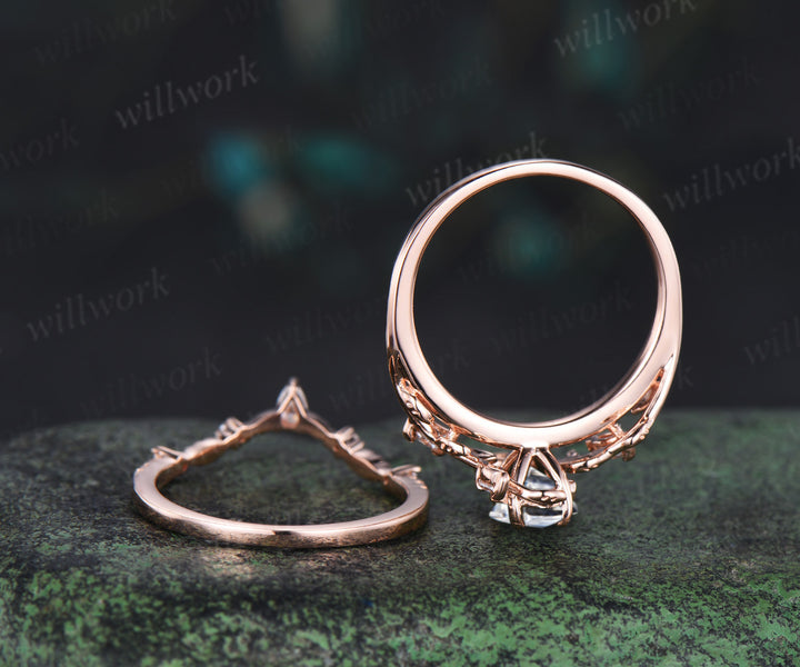 Vintage kite cut moissanite engagement ring 14k rose gold leaf nature inspired ring women unique cluster diamond promise wedding ring set