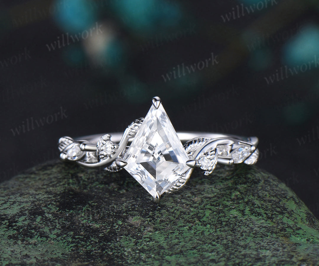 Kite cut moissanite engagement ring white gold five stone leaf twisted diamond promise bridal ring set women