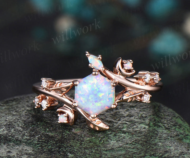 Hexagon white opal engagement ring rose gold twisted leaf moon diamond ring vintage October birthstone anniversary ring women
