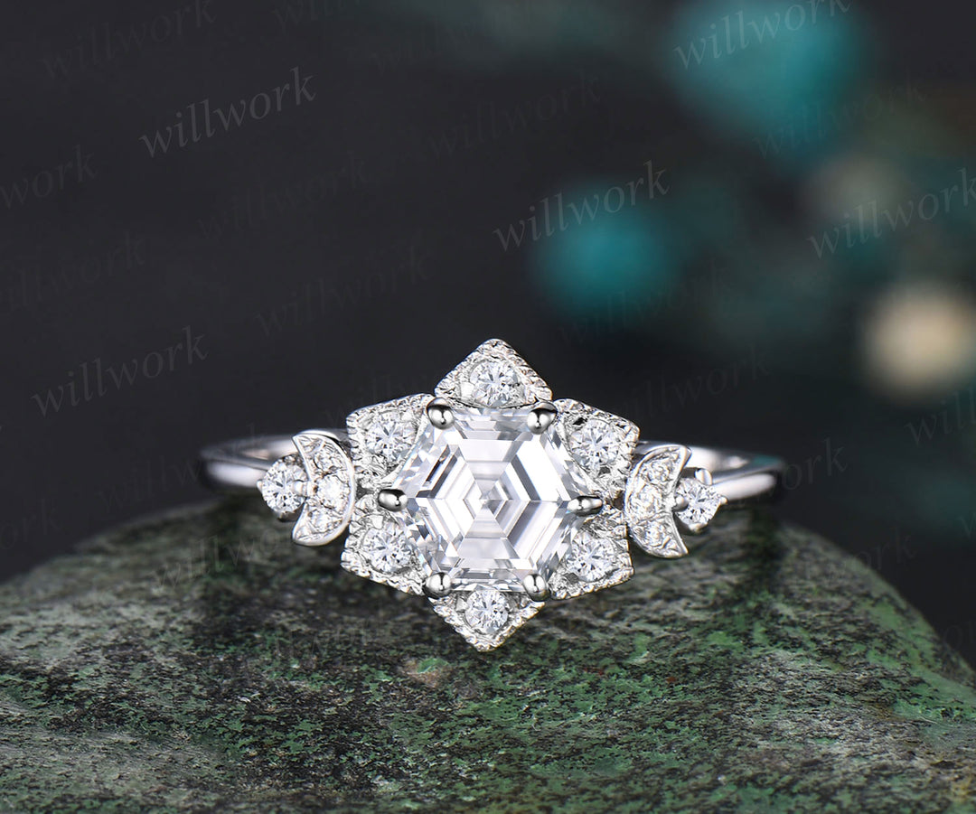 Vintage Hexagon moissanite engagement ring Unique 14K white Gold Floral moissanite Halo Wedding Promise Ring moissanite Anniversary Ring