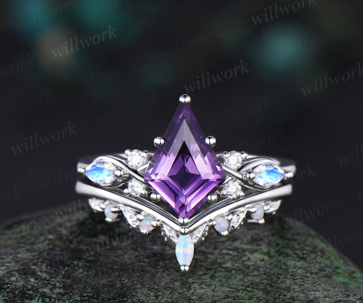 Kite cut purple amethyst engagement ring set women infinity moonstone leaf opal wedding ring band women white gold