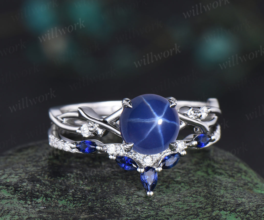 7mm Round Star Sapphire Engagement Ring Set Nature Inspired Branch Twig blue sapphire Wedding Set Unique Leaf anniversary promise ring