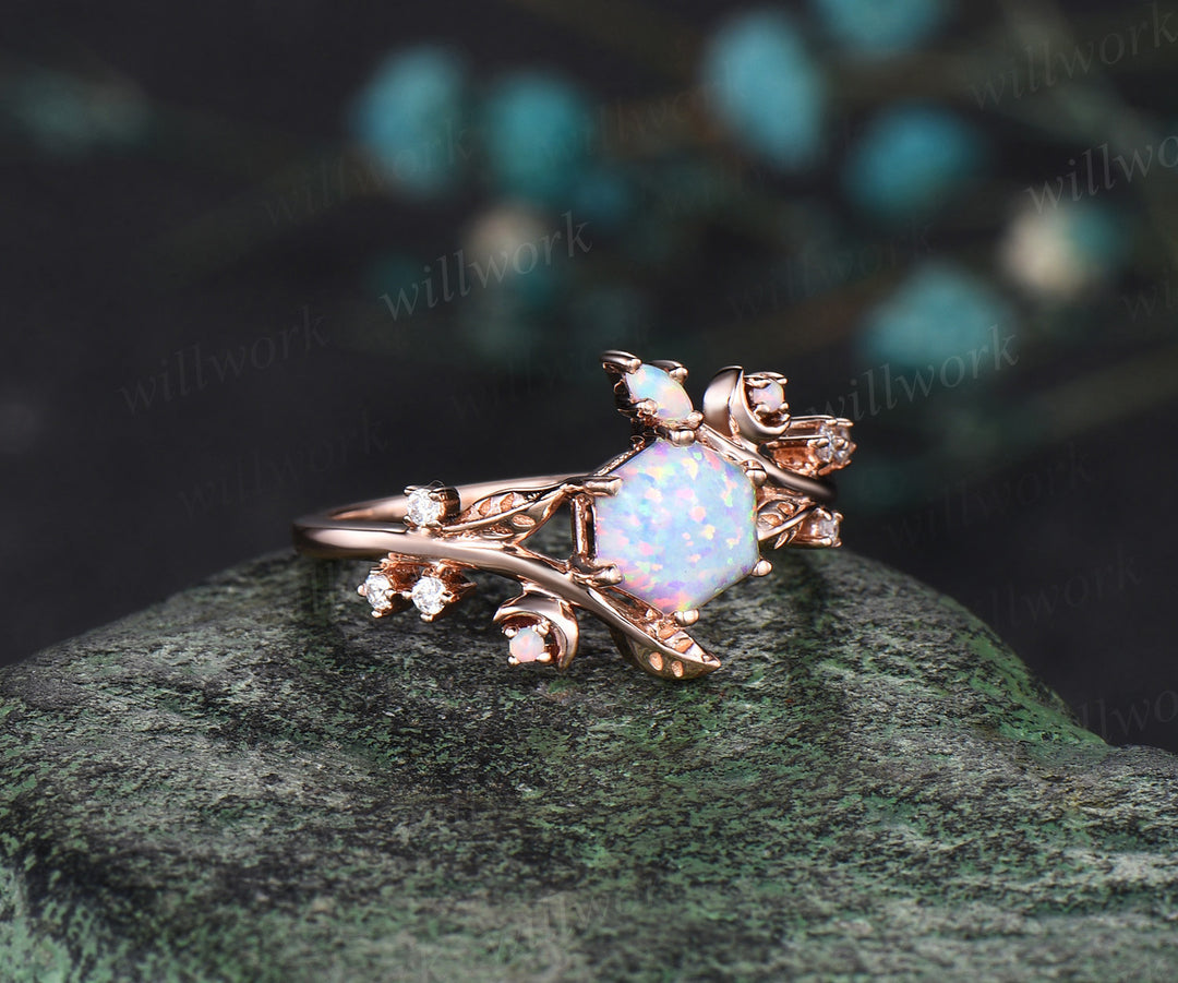 Hexagon white opal engagement ring rose gold twisted leaf moon diamond ring vintage October birthstone anniversary ring women