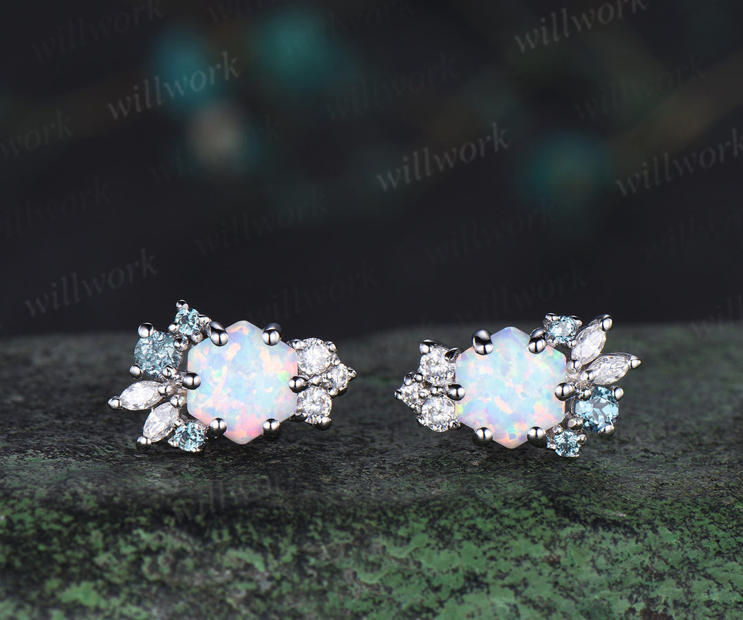 Hexagon opal earrings solid 14k 18k white gold cluster alexandrite moissanite stud earrings women anniversary gift jewelry