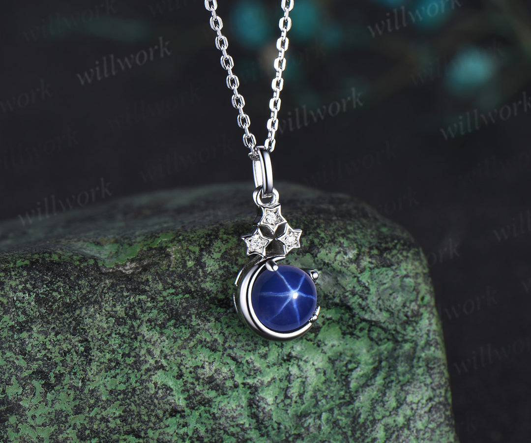 Vintage round blue star sapphire necklace white gold star moon unique diamond pendant women September birthstone anniversary gift