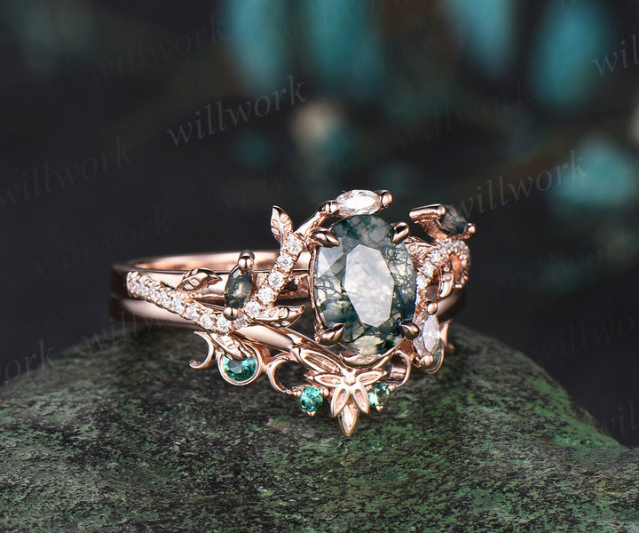 Unique Oval natural moss agate Engagement Ring Set emerald Moon Leaf Nature Inspired Ring Art Deco 2pcs wedding Ring Set Women