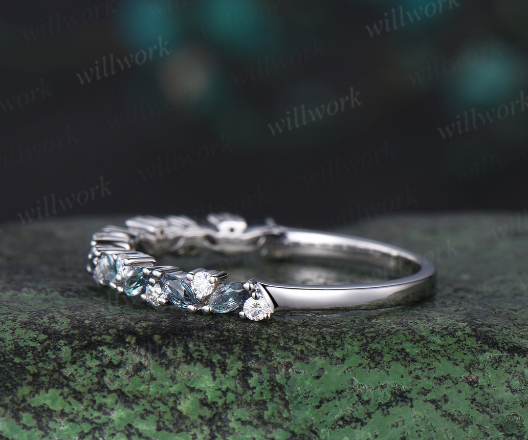 Marquise alexandrite ring for women vintage solid 14k white gold half eternity moissanite ring dainty wedding band bridal jewelry gifts