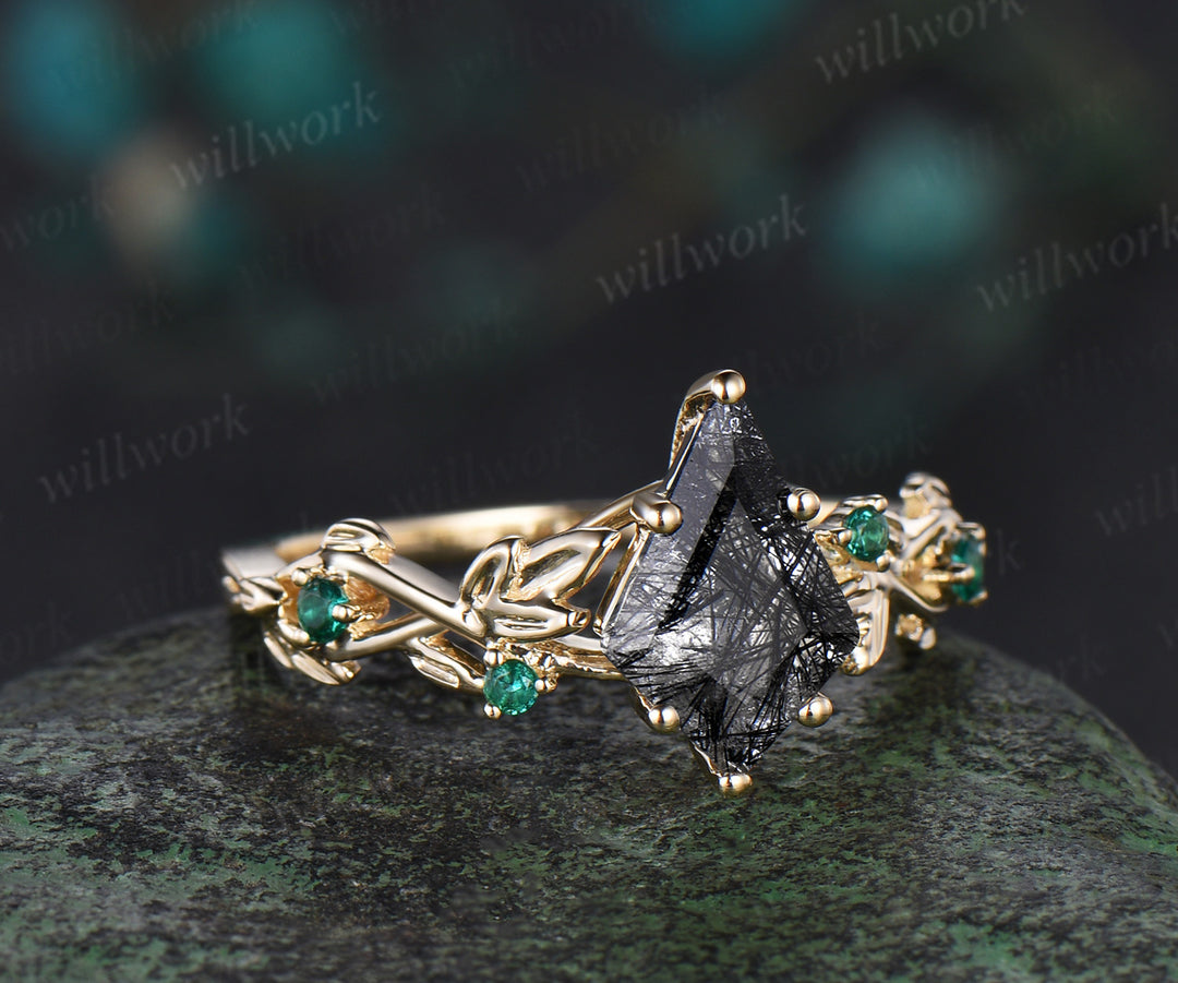 Kite cut black rutilated quartz Engagement Ring yellow gold leaf vine five stone emerald Nature Inspired anniversary ring gift women