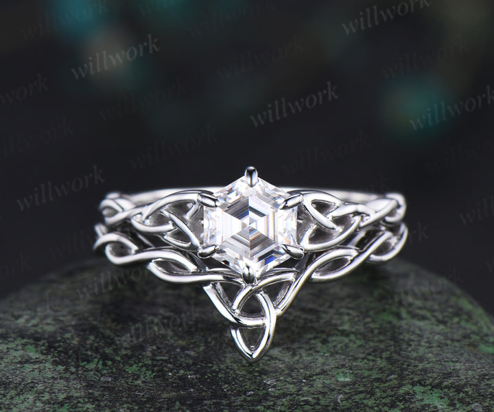 Hexagon cut moissanite ring vintage infinity Celtic knot engagement ring set solid 14k white gold promise ring women