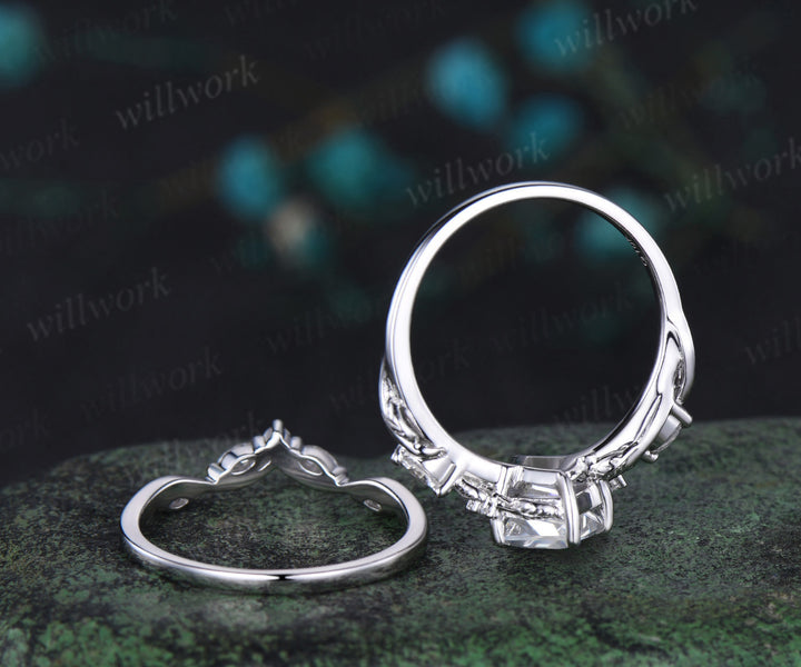 Kite cut moissanite engagement ring white gold five stone leaf twisted diamond promise bridal ring set women