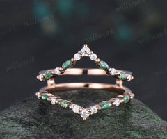 Double curved moss agate moissanite wedding band enhancer 14K rose gold unique stackable ring bridal gifts