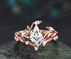 Vintage kite cut moissanite engagement ring 14k rose gold leaf nature inspired ring women unique cluster diamond promise wedding ring set