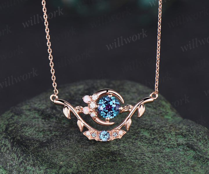 Unique Gothic Pendant Necklace Night Moon Bat Alexandrite rose gold Magic Crescent Moon Leaf Branch Necklace Halloween Anniversary gift Women