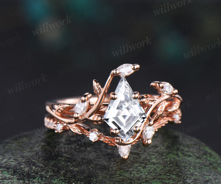 Vintage kite cut moissanite engagement ring 14k rose gold leaf nature inspired ring women unique cluster diamond promise wedding ring set
