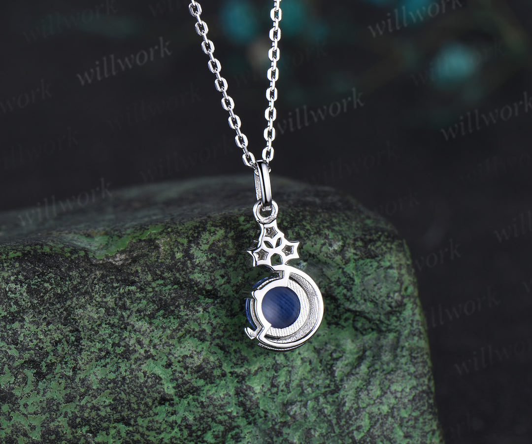 Vintage round blue star sapphire necklace white gold star moon unique diamond pendant women September birthstone anniversary gift