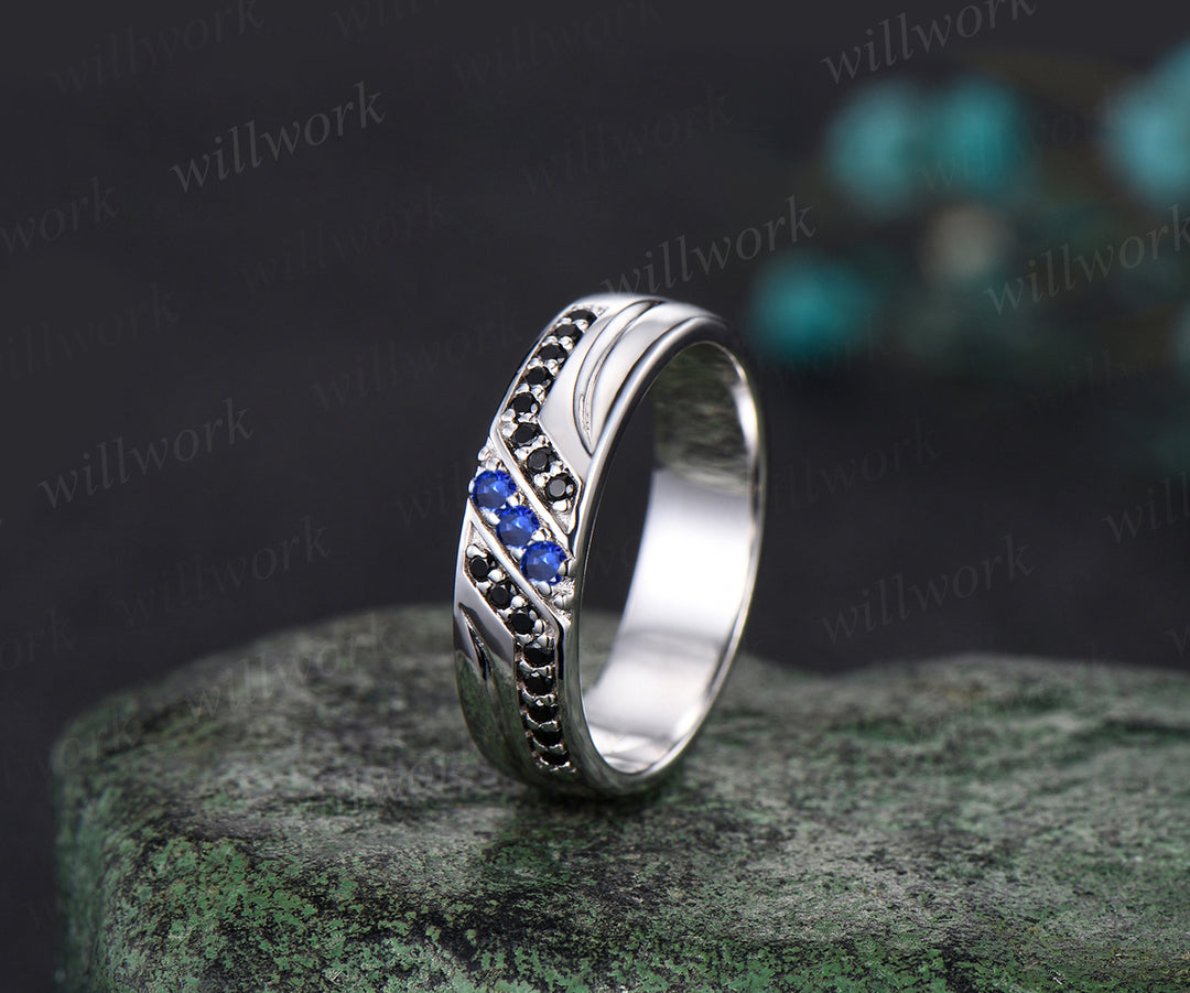 Unique Mens Blue Sapphire Wedding Band Round Cut Band 5mm Solid Gold Ring Mens Black Onyx Handsome Man Rings Matching Band Ring Gift
