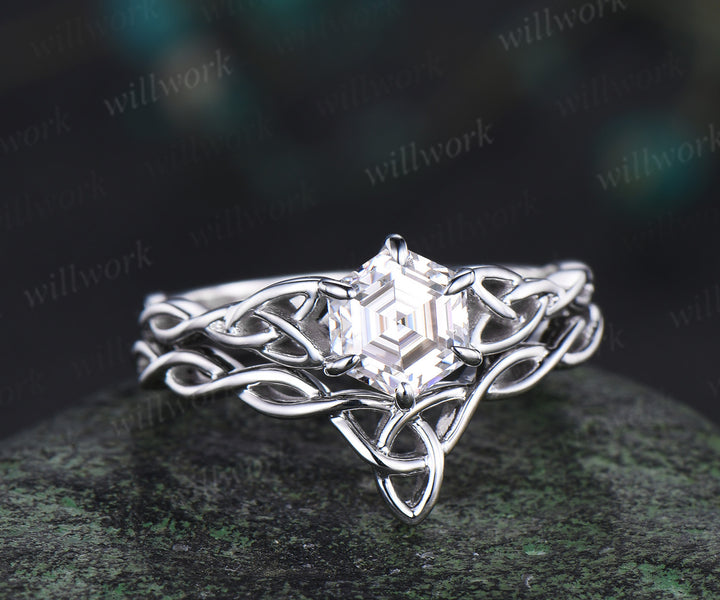 Hexagon cut moissanite ring vintage infinity Celtic knot engagement ring set solid 14k white gold promise ring women