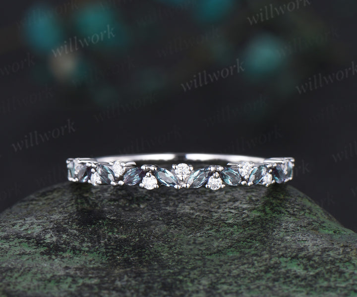 Marquise alexandrite ring for women vintage solid 14k white gold half eternity moissanite ring dainty wedding band bridal jewelry gifts