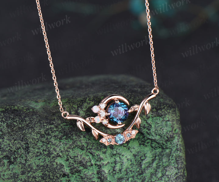 Unique Gothic Pendant Necklace Night Moon Bat Alexandrite rose gold Magic Crescent Moon Leaf Branch Necklace Halloween Anniversary gift Women