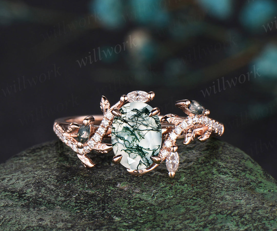 Unique Oval natural moss agate Engagement Ring Set emerald Moon Leaf Nature Inspired Ring Art Deco 2pcs wedding Ring Set Women