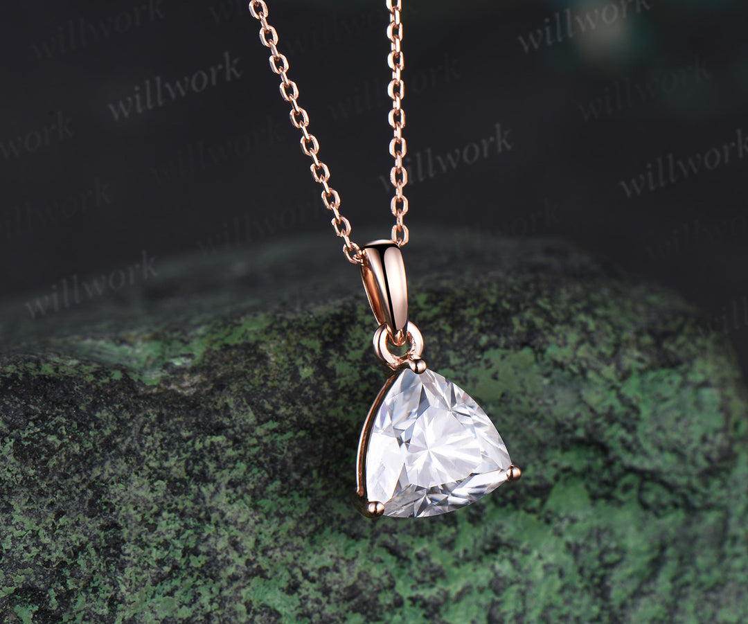 Dainty 2ct Trillion Cut Moissanite Necklace Unique 14k rose gold Solitaire Pendant Minimalist Engagement Necklace women