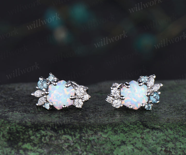 Hexagon opal earrings solid 14k 18k white gold cluster alexandrite moissanite stud earrings women anniversary gift jewelry