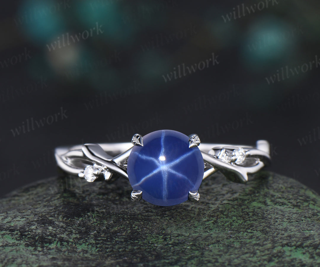 7mm Round Star Sapphire Engagement Ring Set Nature Inspired Branch Twig blue sapphire Wedding Set Unique Leaf anniversary promise ring