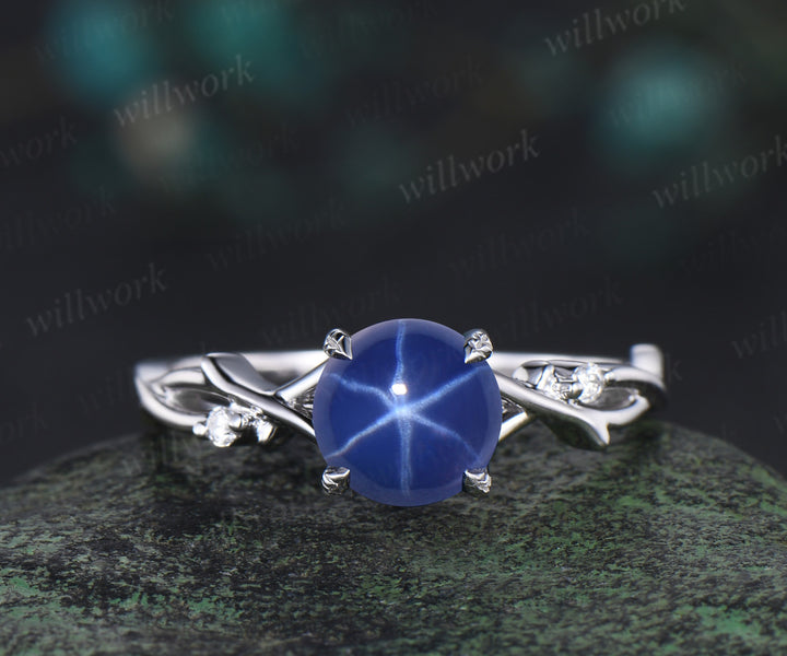 7mm Round Star Sapphire Engagement Ring Set Nature Inspired Branch Twig blue sapphire Wedding Set Unique Leaf anniversary promise ring